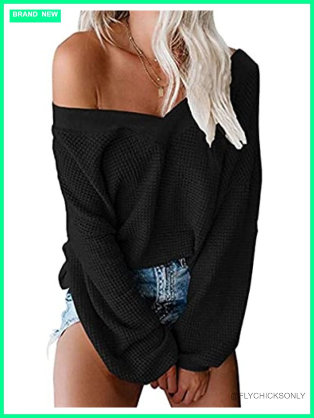 Waffle Knit Off Shoulder V-Neck Pullover Sweater Long Sleeve